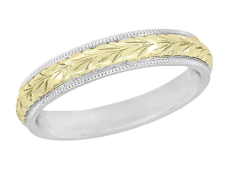 Antique Jewelry Mall's Art Deco Mixed Metals Millgrain Edge Hand Engraved Wheat Wedding Ring