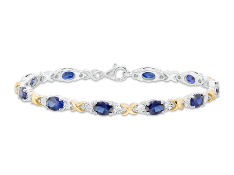 Gordon’s Jewelers Oval Lab-Created Blue Sapphire and 1/10 CT. T.W. Diamond "X" Bracelet in Sterling Silver and 14K Gold Plate