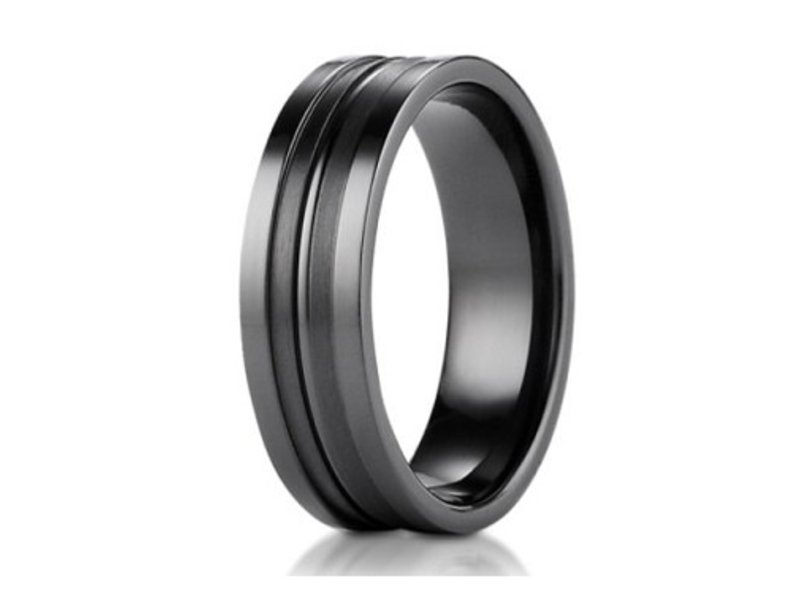 Just Men's Rings Designer Black Titanium Ring with Satin Grooved Center