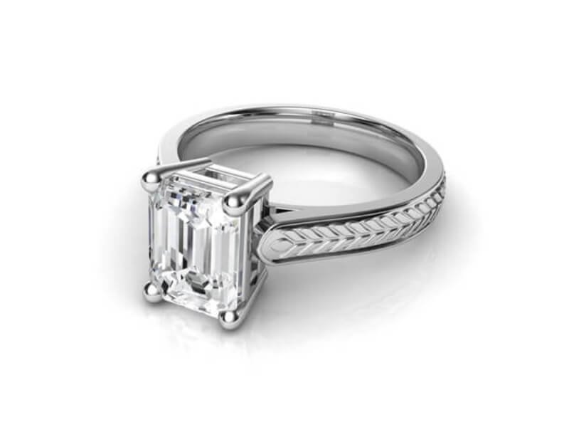 Natalie Diamonds Hand Engraved Vintage Style Emerald Cut Diamond Engagement Ring