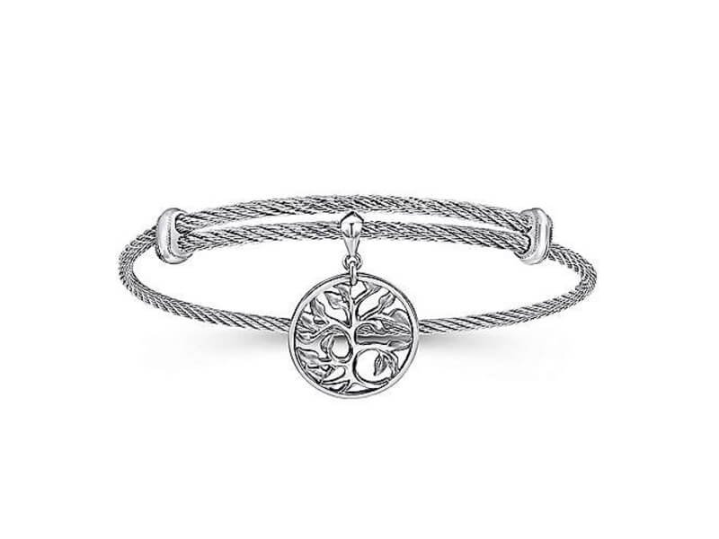 Gabriel & Co Adjustable Twisted Cable Stainless Steel Bangle with Sterling Silver Tree of Life Charm