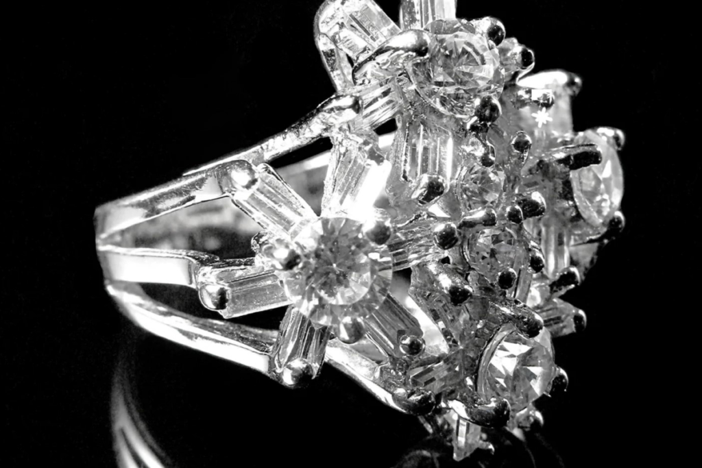 A cluster setting engagement ring up close
