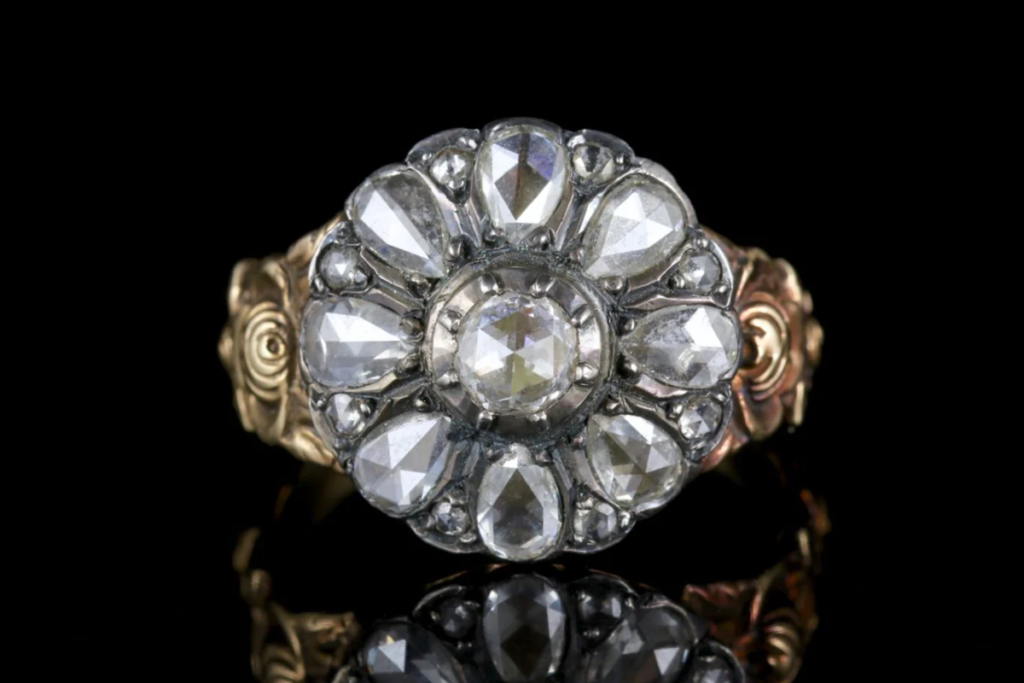 A Georgian Halo Diamond Flower Cluster Ring