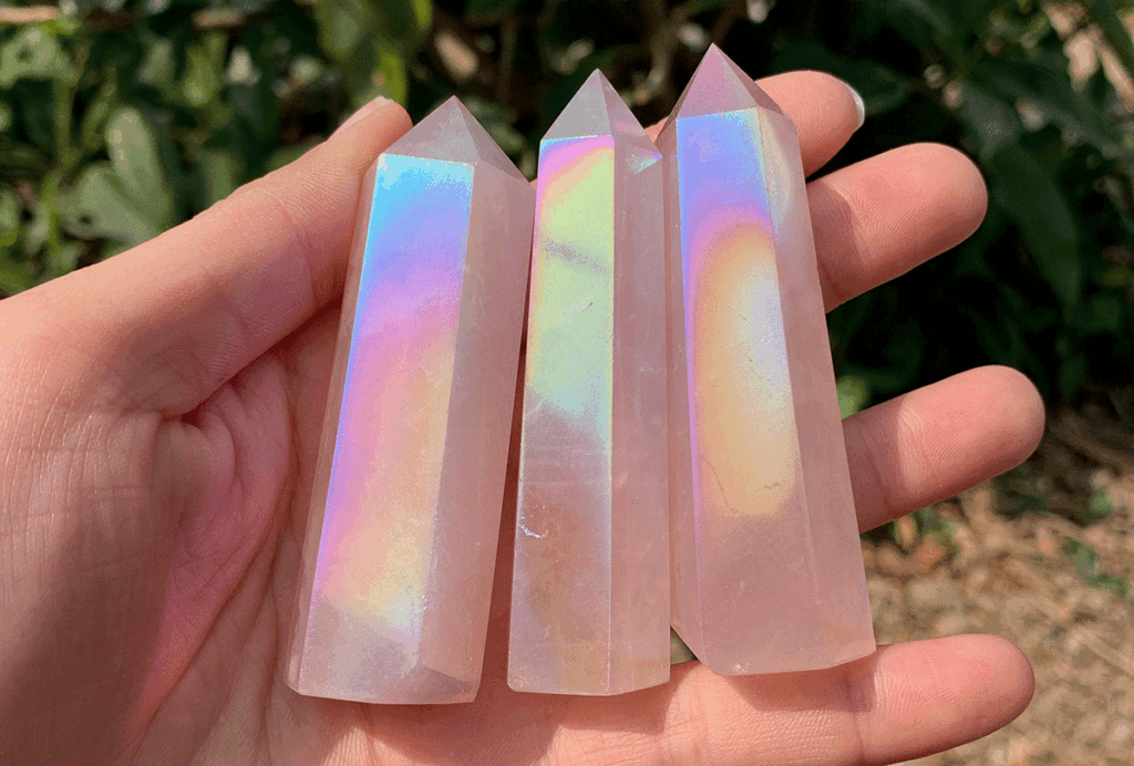 rose aura quartz tower