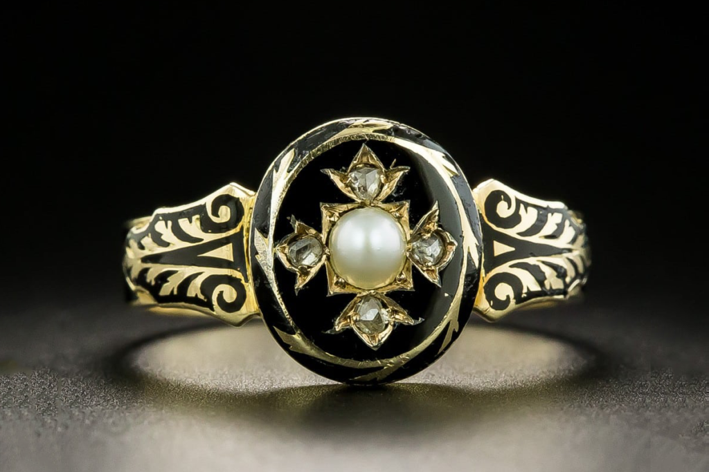 Victorian black enamel with pearl mourning ring