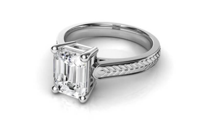 Natalie Diamonds Hand Engraved Vintage Style Emerald Cut Diamond Engagement Ring